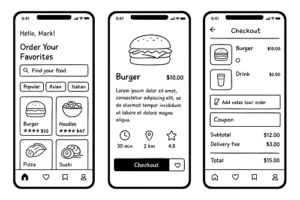 Early wireframe sketch of a food-ordering app.